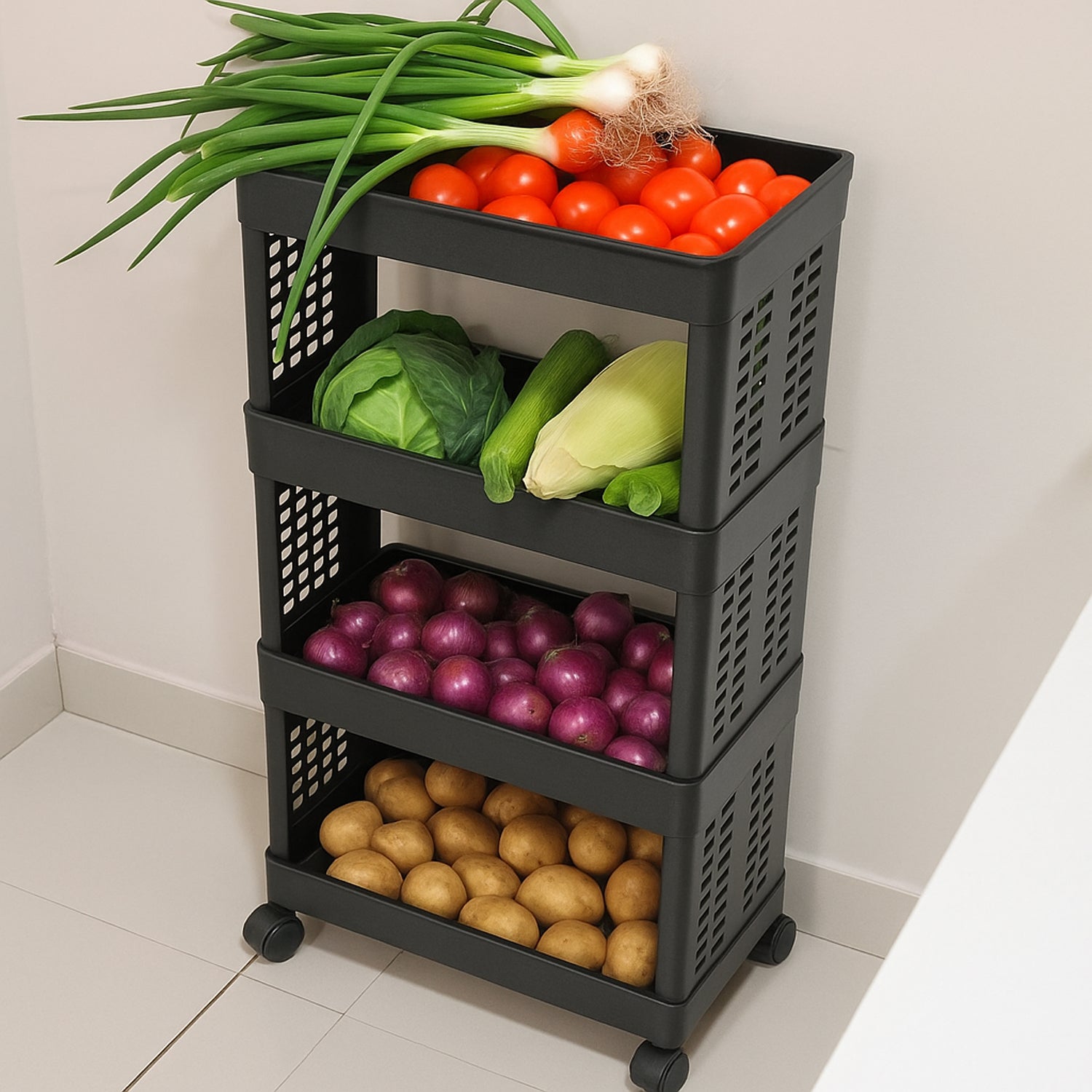 4-Layer Plastic Storage Rack with Wheels 4-Layer Plastic Storage Rack with Wheels